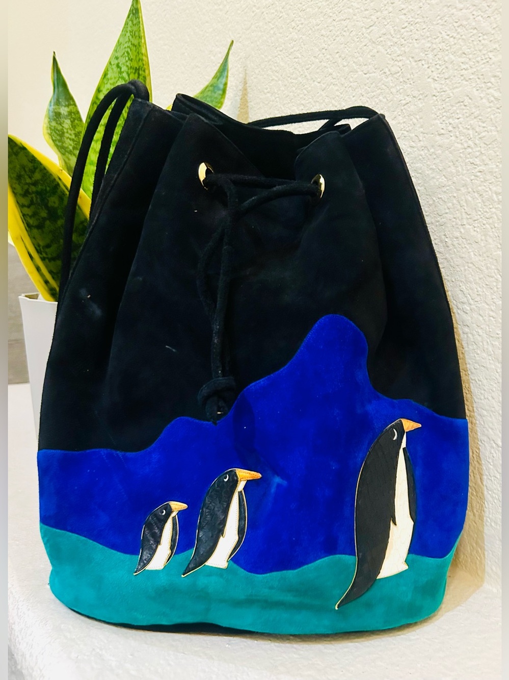 Black  Genuine Suede Leather Drawstring Bucket Bag with Blue & Teal Penguin